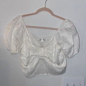 Vestique White Puff Sleeve Bow Front Crop Top